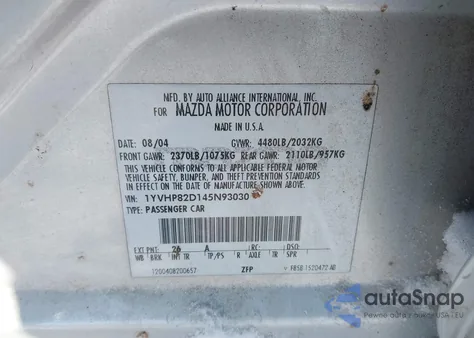 2004 Mazda Mazda6 S z USA, uszkodzony, nr VIN 1YVHP82D145N93030